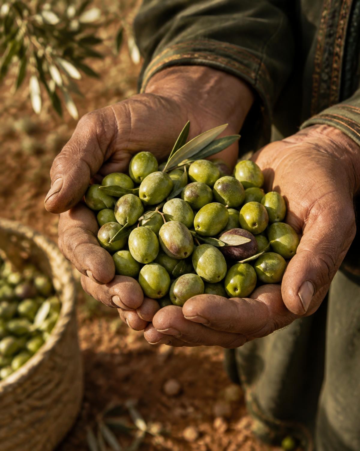 Mains d'un cueilleur tenant des olives fraîchement récoltées sur la terre ocre marocaine
